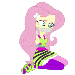 Size: 2000x2000 | Tagged: safe, artist:nie-martw-sie-o-mnie, fluttershy, human, equestria girls, g4, my little pony equestria girls: rainbow rocks, bondage, butterfly hairpin, cloth gag, clothes, female, femsub, fluttersub, gag, high heels, kneeling, leggings, shoes, simple background, skinny, solo, submissive, tape, tape bondage, thin, transparent background