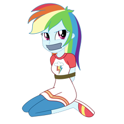 Size: 2000x2000 | Tagged: safe, artist:nie-martw-sie-o-mnie, rainbow dash, human, equestria girls, g4, bondage, clothes, dashsub, female, femsub, gag, kneeling, pajamas, rope, rope bondage, simple background, slippers, solo, submissive, tape, tape gag, tied up, transparent background, vector