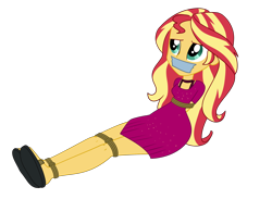 Size: 2734x2000 | Tagged: safe, artist:nie-martw-sie-o-mnie, sunset shimmer, human, equestria girls, equestria girls specials, g4, my little pony equestria girls: spring breakdown, bondage, bound and gagged, clothes, dress, female, femsub, gag, rope, rope bondage, sandals, simple background, sitting, solo, submissive, subset, tape, tape gag, transparent background