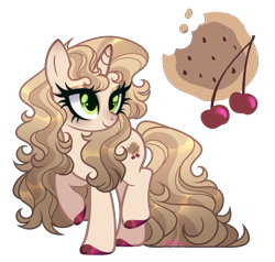 Size: 2412x2300 | Tagged: safe, artist:afterglory, oc, oc only, oc:cherry biscuit, pony, unicorn, adoptable, base used, brown coat, brown eyeshadow, brown mane, brown tail, cherry, colored hooves, eyelashes, female, food, green eyes, hooves, horn, long mane, long tail, mare, red hooves, shiny hooves, signature, simple background, smiling, solo, standing on two hooves, tail, tan coat, transparent background, turned head, two toned mane, two toned tail, unicorn horn