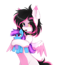 Size: 1258x1357 | Tagged: safe, artist:lerk, oc, oc only, oc:lunylin, oc:nohra, pegasus, pony, belly, belly button, bipedal, collar, colored belly, colored hooves, colored sclera, colored wings, colored wingtips, cute, cute little fangs, ear fluff, ear markings, ear tufts, facial markings, fangs, female, hair over one eye, half body, heterochromia, holding, hooves, looking at you, mare, open mouth, open smile, pegasus oc, plushie, pony plushie, reverse countershading, signature, simple background, smiling, smiling at you, solo, spread wings, tail, two toned mane, two toned tail, two toned wings, white background, wings, yellow sclera