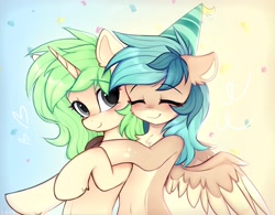 Size: 2560x1996 | Tagged: safe, artist:lerk, oc, oc only, oc:c-3301, oc:peacher, pegasus, pony, unicorn, confetti, cute, duo, duo female, eyebrows, eyebrows visible through hair, eyes closed, female, hat, heart, horn, hug, mare, ocbetes, party hat, pegasus oc, smiling, spread wings, unicorn oc, wings