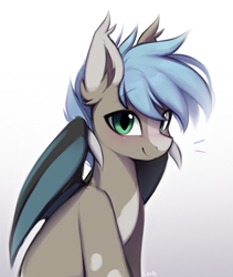 Size: 1647x1951 | Tagged: safe, artist:lerk, oc, oc only, oc:white phosphor, bat pony, pony, bat pony oc, bat wings, blushing, ear fluff, ear tufts, gradient background, looking at you, male, partially open wings, slit pupils, smiling, smiling at you, solo, stallion, wings