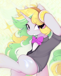 Size: 1525x1901 | Tagged: safe, artist:lerk, oc, oc only, oc:lemonswoosh, pony, unicorn, blushing, bowtie, clothes, commission, female, food, headphones, horn, lemon, mare, necktie, smiling, solo, suit, unicorn oc