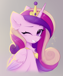 Size: 1528x1848 | Tagged: safe, artist:lerk, princess cadance, alicorn, pony, g4, crown, cute, cutedance, eyebrows, female, folded wings, gradient background, grin, jewelry, looking at you, mare, one eye closed, peytral, regalia, signature, smiling, smiling at you, solo, wings, wink, winking at you