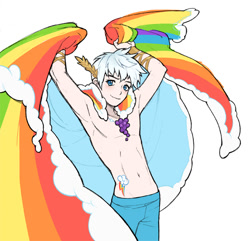 Size: 600x578 | Tagged: safe, artist:harapeko, human, armpits, belly, belly button, clothes, fit, jack frost, male, pecs, rainbow dash's cutie mark, simple background, slender, solo, thin, white background