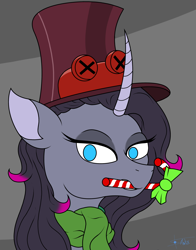 Size: 2200x2800 | Tagged: safe, artist:anix_space, oleander (tfh), unicorn, them's fightin' herds, bust, candy, clothes, commission, community related, food, hat, horn, portrait, scarf