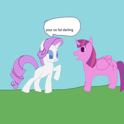 Size: 1378x1378 | Tagged: safe, rarity, twilight sparkle, alicorn, pony, unicorn, g4, 1000 hours in ms paint, blue sky, duo, female, grass, horn, insult, mare, missing cutie mark, quality, raised hoof, stylistic suck