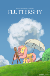 Size: 3200x4800 | Tagged: safe, artist:symbianl, fluttershy, pegasus, pony, g4, cloud, cottagecore, crossover, easel, female, folded wings, grass, high res, looking at something, mare, mouth hold, movie poster, outdoors, paintbrush, painting, parody, poster, poster parody, profile, sky, solo, standing, studio ghibli, the wind rises, umbrella, windswept mane, wings