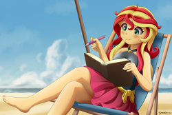 Size: 3000x2000 | Tagged: safe, artist:symbianl, sunset shimmer, human, equestria girls, g4, barefoot, beach, beach chair, blushing, book, chair, clothes, crossed legs, feet, female, high res, legs, nail polish, outdoors, pen, reclining, sarong, sitting, solo, sunset shimmer's beach shorts swimsuit, sunset's journal, toenail polish