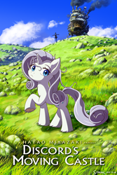 Size: 1600x2400 | Tagged: safe, alternate version, artist:symbianl, rarity, pony, unicorn, g4, alternate hair color, anime, cloud, cover art, cursed, female, grass, grey hair, hayao miyazaki, horn, howl's moving castle, mare, messy mane, outdoors, parody, rock, scarecrow, sky, solo, studio ghibli, turnip head