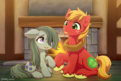 Size: 2400x1600 | Tagged: safe, artist:symbianl, big macintosh, marble pie, earth pony, pony, g4, hearthbreakers, cute, duo, duo male and female, female, fireplace, freckles, indoors, larger male, looking at each other, looking at someone, macabetes, male, marblebetes, mare, open mouth, ship:marblemac, shipping, sitting, smaller female, stallion, straight, tail, unshorn fetlocks