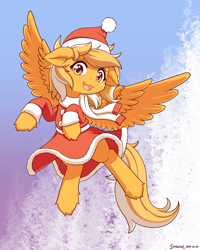 Size: 1600x2000 | Tagged: safe, artist:symbianl, oc, oc only, oc:mareota, pegasus, pony, g4, christmas, clothes, female, flying, hat, holiday, looking at you, mare, open mouth, open smile, pegasus oc, santa hat, scarf, smiling, smiling at you, solo, spread wings, wings