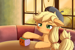 Size: 2400x1600 | Tagged: safe, artist:symbianl, applejack, earth pony, pony, g4, g4.5, how applejack got her hat back, my little pony: pony life, beret, blushing, booth, cute, female, fluffy, freckles, g4.5 to g4, generation leap, hat, indoors, jackabetes, mare, sad, scene interpretation, sitting, solo, squishy cube, table, window