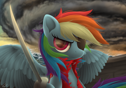 Size: 7500x5250 | Tagged: safe, artist:symbianl, rainbow dash, pegasus, pony, g4, absurd resolution, clothes, eyepatch, female, mare, ocean, outdoors, pirate, pirate dash, ship, solo, spread wings, storm, sword, water, weapon, wings