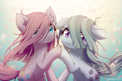 Size: 2400x1600 | Tagged: safe, artist:symbianl, marble pie, pinkie pie, earth pony, pony, g4, :<, cheek fluff, cute, daaaaaaaaaaaw, diapinkes, duo, duo female, female, floppy ears, fluffy, holding hooves, leg fluff, marblebetes, mare, neck fluff, open mouth, petals, pie sisters, pie twins, pinkamena diane pie, siblings, sisters, straight hair, twins