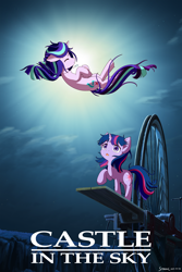 Size: 3200x4800 | Tagged: safe, artist:symbianl, starlight glimmer, twilight sparkle, pony, unicorn, g4, castle in the sky, crossover, duo, duo female, eyes closed, female, hayao miyazaki, high res, horn, jewelry, levitation, machine, magic, mare, movie poster, necklace, open mouth, parody, poster, poster parody, raised hoof, studio ghibli, telekinesis, unicorn twilight