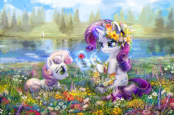 Size: 1100x731 | Tagged: safe, alternate version, artist:son-trava, rarity, sweetie belle, oc, oc:marussia, earth pony, pony, unicorn, g4, beautiful, belle sisters, color porn, description in comments, duo focus, eyeshadow, female, filly, fishing, floral head wreath, flower, foal, glowing, glowing horn, grass, horn, lake, levitation, lying down, magic, magic aura, makeup, mare, meadow, nation ponies, outdoors, ponified, prone, russia, scenery, scenery porn, siblings, sisters, sitting, telekinesis, trio, water