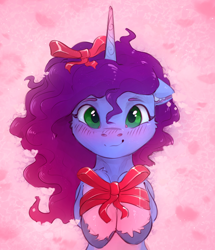 Size: 1182x1377 | Tagged: safe, artist:itssim, misty brightdawn, pony, unicorn, g5, blushing, commission, cute, female, horn, looking at you, mare, mistybetes, rebirth misty, ribbon, smiling, smiling at you, solo, unshorn fetlocks