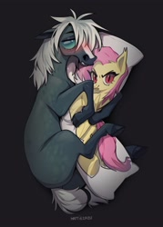 Size: 2500x3500 | Tagged: safe, artist:hattiezazu, fluttershy, oc, oc:tenderness, bat pony, horse, pony, undead, g4, bat ponified, blushing, body pillow, female, flutterbat, hug, mare, pillow, pillow hug, race swap, signature, solo