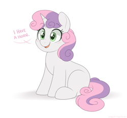 Size: 1559x1454 | Tagged: safe, artist:higglytownhero, sweetie belle, pony, unicorn, g4, blank flank, blush lines, blushing, captain obvious, cute, dialogue, diasweetes, eye clipping through hair, female, filly, foal, horn, looking offscreen, mare, open mouth, open smile, simple background, sitting, smiling, solo, tail, truth, two toned mane, two toned tail, white background, white coat