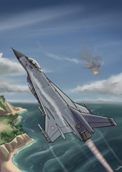 Size: 730x1024 | Tagged: safe, artist:buckweiser, equestria at war mod, barely pony related, cloud, f-16xl, fighter plane, jet, jet fighter, no pony, ocean, plane, sand, sky, tree, water