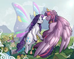 Size: 2500x2000 | Tagged: safe, artist:slapearl, rarity, twilight sparkle, alicorn, fairy, pony, g4, butterfly wings, canterlot, duo, duo female, female, flying, gossamer wings, lesbian, lips, looking at each other, looking at someone, mare, ponyville, ponyville town hall, scenery, ship:rarilight, shipping, smiling, twilight sparkle (alicorn), wings