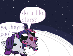 Size: 588x454 | Tagged: safe, artist:slapearl, rarity, twilight sparkle, g4, do u like stars?, duo, female, lesbian, looking at something, looking up, moon, ms paint, open mouth, open smile, ship:rarilight, shipping, smiling, stars