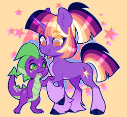 Size: 1024x943 | Tagged: safe, artist:sadelinav, spike, twilight sparkle, dragon, pony, unicorn, g4, alternate design, alternate hairstyle, alternate universe, female, headcanon in the description, male, mare, open mouth, open smile, ponytail, raised hoof, smiling, unicorn twilight