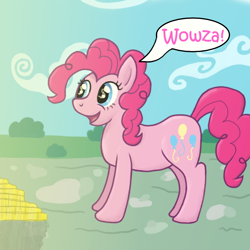 Size: 1024x1024 | Tagged: safe, artist:sewaddle36, derpibooru exclusive, pinkie pie, earth pony, pony, g4, bits, female, gold, happy, smiling, solo, speech bubble, text