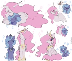 Size: 2048x1726 | Tagged: safe, artist:petaltwinkle, princess celestia, princess luna, alicorn, g4, cake, cakelestia, crown, cute, cutelestia, drool, duo, duo female, eyebrows, eyeroll, eyes closed, female, filly, filly luna, food, hug, jewelry, looking at someone, lunabetes, mare, open mouth, peytral, pink-mane celestia, raised eyebrow, regalia, royal sisters, s1 luna, sibling love, siblings, simple background, sisterly love, sisters, sleeping, smiling, starry eyes, white background, wingding eyes, woona, younger