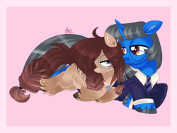 Size: 4000x3000 | Tagged: safe, artist:fizzlefer, oc, oc only, oc:mint petal, oc:ondrea, pegasus, pony, unicorn, clothes, cuddling, duo, glasses, horn, jewelry, looking at each other, looking at someone, necklace, necktie, passepartout, shipping, suit, unshorn fetlocks