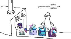 Size: 3000x1680 | Tagged: safe, artist:josephthedumbimpostor, cassette jam, comet (g5), flitter, violette rainbow, unicorn, g4, g5, among us, horn, meme, triangle factory meme