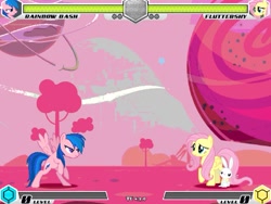 Size: 993x745 | Tagged: safe, artist:tom artista, angel bunny, firefly, fluttershy, rainbow dash, pegasus, pony, rabbit, fighting is magic, g1, g4, animal, bipedal, game screencap, pink, planet, space, stage, tree