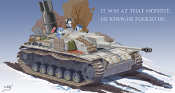 Size: 3019x1611 | Tagged: safe, artist:tucksky, oc, oc only, dragon, griffon, unicorn, bomb, dragon oc, funny, gradient background, griffon oc, horn, jerry can, non-pony oc, snow, stug iii, tank (vehicle), tree, unicorn oc, war thunder, weapon