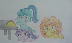 Size: 2949x1777 | Tagged: safe, artist:tom artista, adagio dazzle, aria blaze, sonata dusk, cat, g4, animal, animal in mlp form, catified, drawing, female, food, species swap, table, taco, taco tuesday, the dazzlings, traditional art, trio, trio female