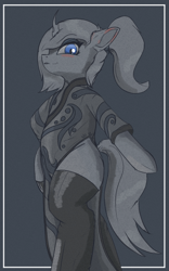 Size: 500x800 | Tagged: safe, artist:altus, oc, oc only, oc:violet nebula, changeling, bipedal, blushing, border, changeling oc, clothes, curved horn, dress, ear blush, eyeshadow, horn, looking at you, looking down, looking down at you, makeup, monochrome, ponytail, shine, simple background, simple shading, sketch, slit pupils, smiling, smirk, socks, solo, strutting, thigh highs