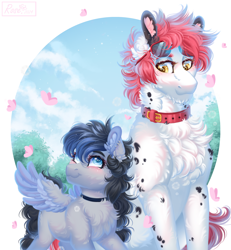 Size: 2400x2600 | Tagged: safe, artist:roselord, oc, oc only, oc:cobalt, butterfly, earth pony, pegasus, pony, chest fluff, commission, cute, daughter, duo, ear fluff, family, father and child, father and daughter, female, like father like daughter, like parent like child, male, ych result