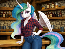 Size: 1920x1440 | Tagged: safe, ai assisted, ai content, artist:dovakkins, princess celestia, alicorn, pony, anthro, g4, bar, bedroom eyes, breasts, busty princess celestia, cleavage, clothes, denim, female, hand on hip, horn, jeans, missing accessory, pants, plaid shirt, pub, shirt, tail, watermark, wavy mane, wavy tail, wide hips, wings