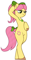 Size: 2200x4185 | Tagged: safe, artist:ghostpikachu, derpibooru exclusive, posey bloom, pony, semi-anthro, g4, g5, arm behind head, base artist:seurnik, base used, bipedal, bow, colored eyebrows, female, g5 to g4, generation leap, hair bow, high res, jewelry, looking down, mare, necklace, simple background, smiling, solo, tail, tail bow, transparent background