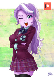 Size: 847x1200 | Tagged: safe, artist:uotapo, diamond tiara, human, equestria girls, g4, arm under breasts, blushing, bowtie, breasts, busty diamond tiara, clothes, crossed arms, crystal prep academy uniform, diamondbetes, jacket, looking at you, necktie, older, older diamond tiara, one eye closed, open mouth, open smile, plaid skirt, school uniform, skirt, smiling, solo, stockings, thigh highs, thigh socks, wink, winking at you, zettai ryouiki