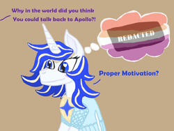 Size: 1600x1200 | Tagged: safe, artist:silverfishv9, oc, oc only, oc:azure star (silverfishv9), pony, unicorn, blue eyes, blue mane, circlet, clothes, dialogue, dress, element of laughter, female, highlights, horn, implied twilight sparkle, lesbian, lesbian pride flag, magical lesbian spawn, mare, offspring, parent:princess celestia, parent:princess luna, parents:princest, pride, pride flag, product of incest, simple background, sitting, solo, thought bubble, unicorn oc, white coat