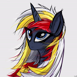 Size: 2480x2480 | Tagged: safe, artist:easy8, oc, oc only, oc:velvet remedy, pony, unicorn, fallout equestria, blue eyes, bust, fanfic art, female, gray background, horn, mare, simple background, smiling, solo