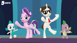 Size: 3413x1920 | Tagged: safe, artist:gradiusfanatic, raven, spike, starlight glimmer, oc, oc:bx-8, dragon, unicorn, g4, 3d, dragon oc, female, glasses, horn, i can't believe it's not red4567, male, non-pony oc, ship:ravenspike, shipping, source filmmaker, straight