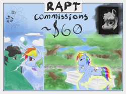 Size: 2000x1500 | Tagged: safe, artist:rapt, rainbow dash, oc, oc:anon stallion, g4, commission open, forest, lake, nature, tree, water