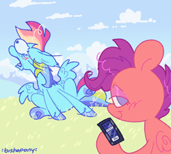 Size: 1562x1403 | Tagged: safe, artist:bishopony, rainbow dash, scootaloo, pegasus, pony, g4, ask, blush scribble, blushing, cellphone, description is relevant, duo, duo female, ears back, eye bulging, female, filly, foal, grass, hoof heart, hoof hold, lidded eyes, looking at you, looking back, looking back at you, looking up, mare, no pupils, open mouth, outdoors, phone, shrunken pupils, signature, sitting, smartphone, smiling, smiling at you, spread wings, underhoof, wings