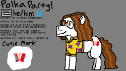 Size: 1920x1080 | Tagged: safe, artist:44nifty, oc, oc only, oc:polka party, earth pony, pony, accordion, brown eyes, brown mane, clothes, facial hair, glasses, gray background, hawaiian shirt, implied cheese sandwich, moustache, musical instrument, ponified celebrity, ponified music artist, ponified musician, reference sheet, shirt, simple background, solo, wavy mane, weird al yankovic, white coat