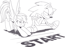 Size: 1593x1146 | Tagged: safe, artist:nauyaco, rainbow dash, pony, g4, crossover, determined, duo, female, iwtcird, male, mare, meme, monochrome, simple background, sonic the hedgehog, sonic the hedgehog (series), stretching, white background