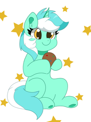 Size: 1902x2558 | Tagged: safe, artist:sparkly-retsuko, lyra heartstrings, pony, unicorn, g4, cookie, cute, ear fluff, female, food, hoof hold, horn, lyrabetes, mare, sitting, smiling, solo, stars