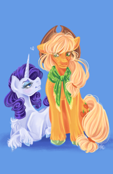 Size: 3300x5100 | Tagged: safe, artist:ashley-the-muffin, applejack, rarity, earth pony, unicorn, g4, blue background, clothes, commission, duo, female, freckles, heart, horn, lesbian, lidded eyes, lying down, mare, prone, scarf, ship:rarijack, shipping, signature, simple background, smiling, unshorn fetlocks